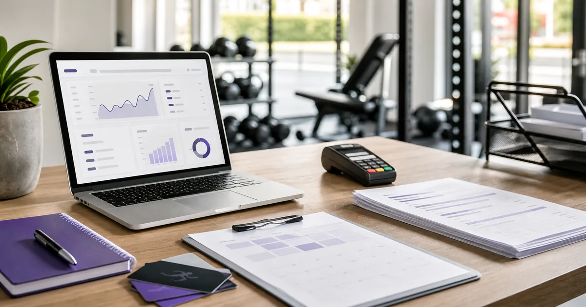 Scrivania di gestione finanziaria in palestra con laptop, documenti bancari e terminale di pagamento