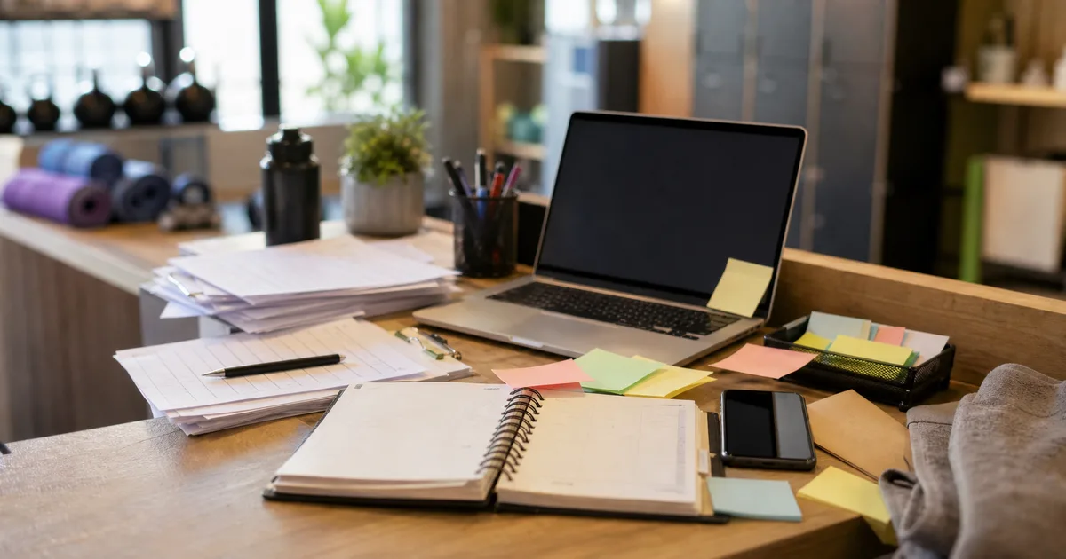 Illustrazione di gestione fitness manuale con carta, messaggi e organizzazione digitale