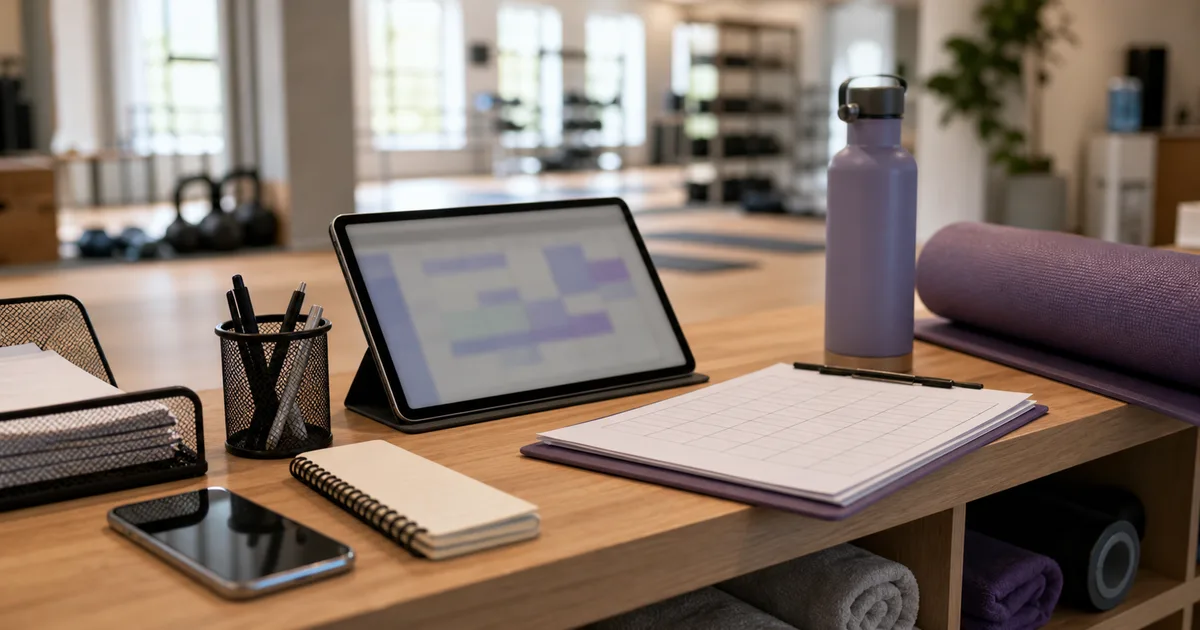 Reception di uno studio fitness con agenda, telefono e sala lezioni sfocata sullo sfondo